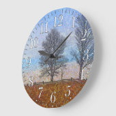 冬の木及び農場の塀の牧草地の芸術 ラージ壁時計 (傾斜)