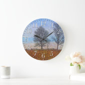 冬の木及び農場の塀の牧草地の芸術 ラージ壁時計 (ホーム)
