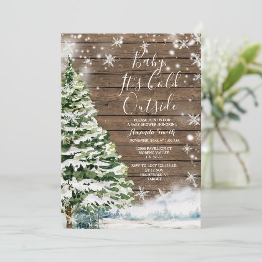 冬の木素朴の常緑樹ベビーシャワー 招待状 (スタンド正面)