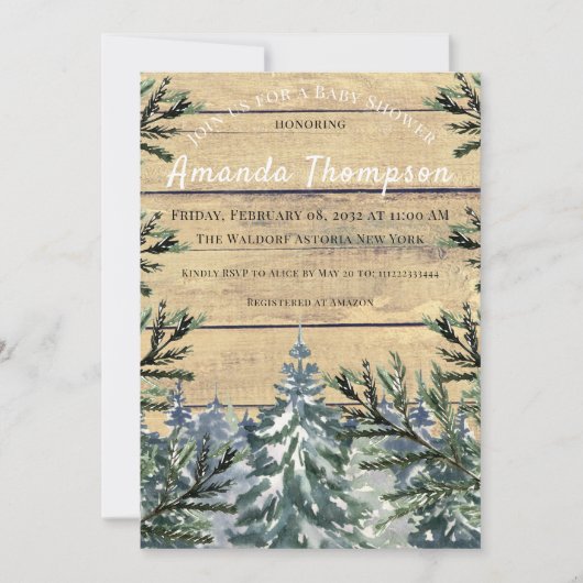 冬の木素朴の森の水の色ベビーシャワー 招待状 (正面)