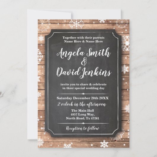 冬の木結婚の不思議の国のチョークが雪だるま 招待状 (正面)