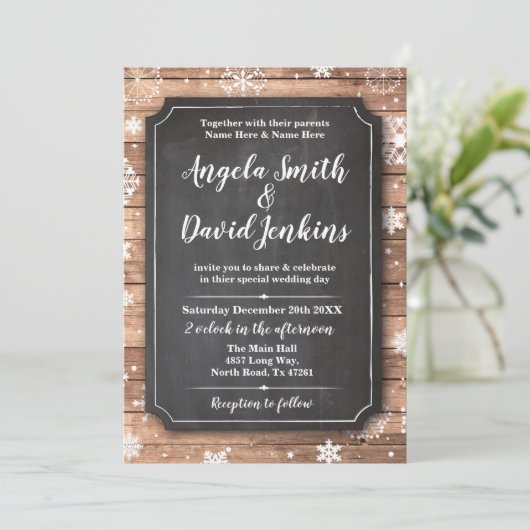 冬の木結婚の不思議の国のチョークが雪だるま 招待状 (スタンド正面)