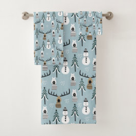 冬の木、デアー、クマと雪だるま バスタオルセット