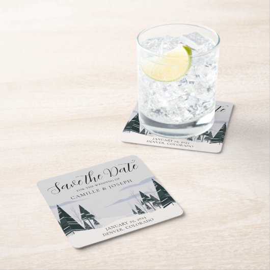 冬の木 現代の雪の森 Save the Date スクエアペーパーコースター (インサイチュ)