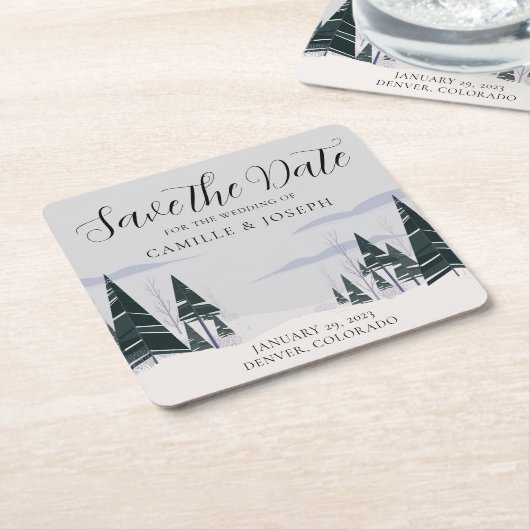 冬の木 現代の雪の森 Save the Date スクエアペーパーコースター (アングル)