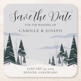 冬の木 現代の雪の森 Save the Date スクエアペーパーコースター