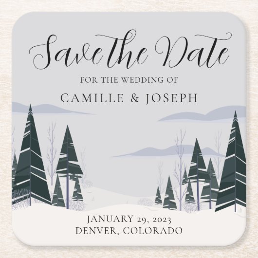 冬の木 現代の雪の森 Save the Date スクエアペーパーコースター (正面)