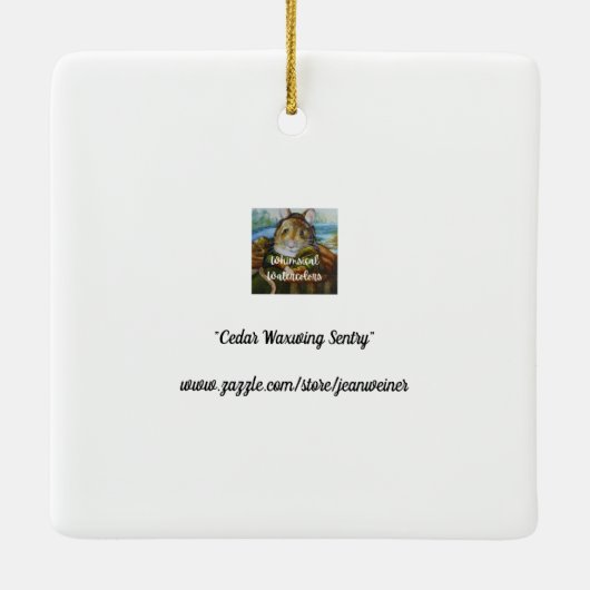 冬の杉の水の鳥とベリーの水色アート セラミックオーナメント (裏面)