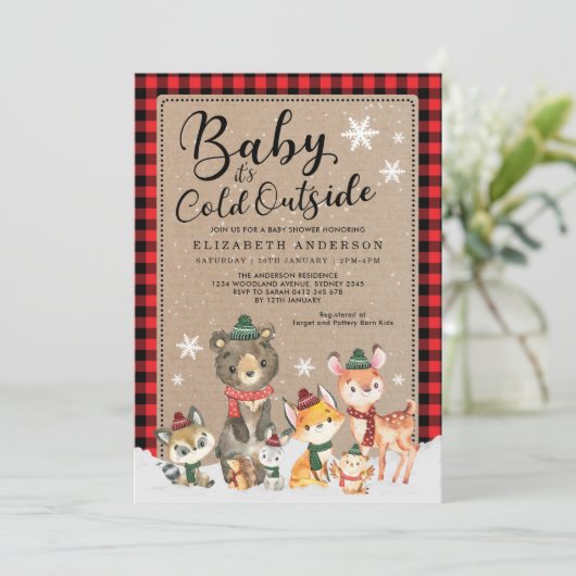 冬の材木林地動物のベビーシャワー 招待状 (スタンド正面)