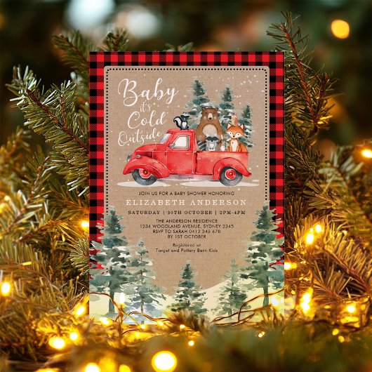 冬の材木林地動物のベビーシャワー 招待状