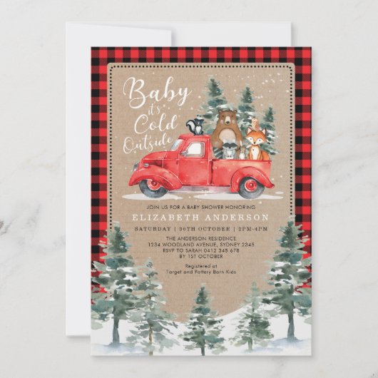 冬の材木林地動物のベビーシャワー 招待状 (正面)