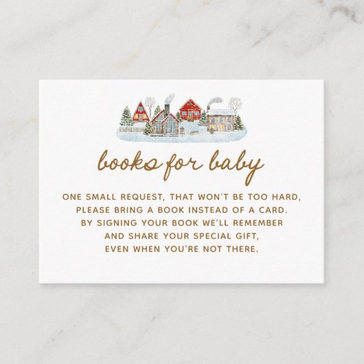 冬の村の赤ちゃんシャワーブックリクエスト エンクロージャーカード (正面)