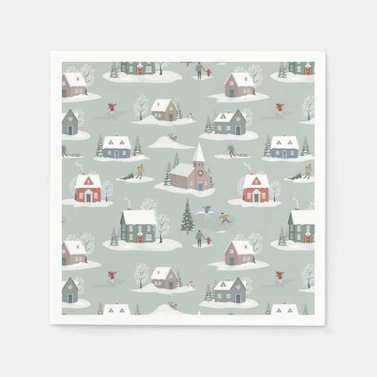 冬の村の雪のシーンパターン スタンダードカクテルナプキン (正面)