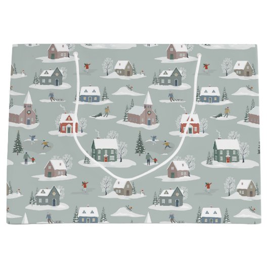 冬の村の雪のシーンパターン ラージペーパーバッグ (正面)