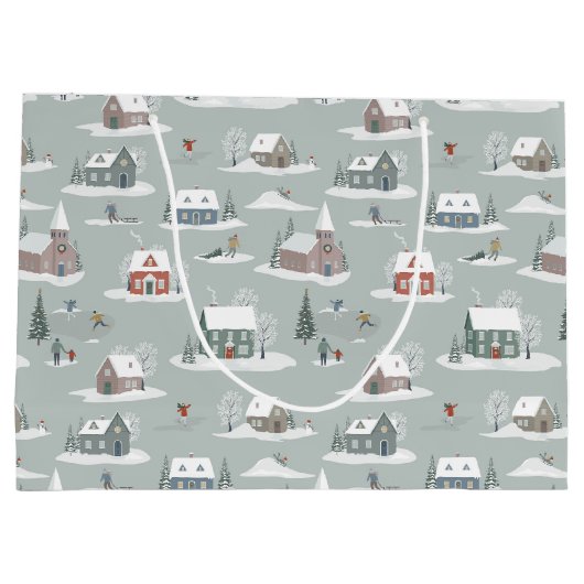 冬の村の雪のシーンパターン ラージペーパーバッグ (裏面)