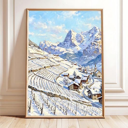 冬の村の風景キャンバスアート ポスター