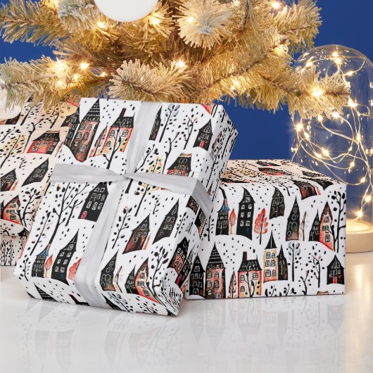 冬の村はパターンのクリスマスをスケッチ ラッピングペーパー (クリスマス)