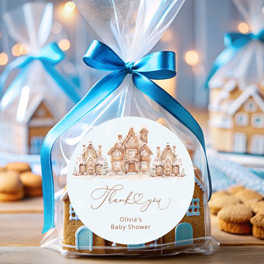 冬の村ブルーベビーシャワーありがとう ラウンドシール