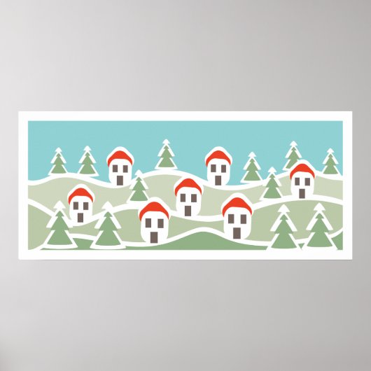 冬の村、赤い屋根の家のカスタムポスター ポスター (正面)