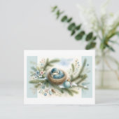 冬の松にオーナメントのあるブルーバードネスト シーズンポストカード (スタンド正面)