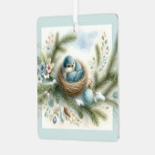 冬の松にオーナメントのあるブルーバードネスト メタルオーナメント (正面左)