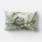 冬の松にオーナメントのあるブルーバードネスト ランバークッション (裏面)