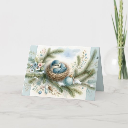 冬の松に飾られた青い鳥の巣 シーズンカード (正面)