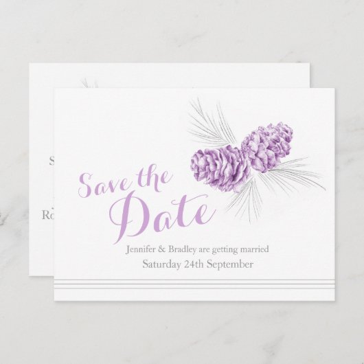 冬の松のコーン紫の日付を保結婚存 案内ポストカード (正面/裏面)