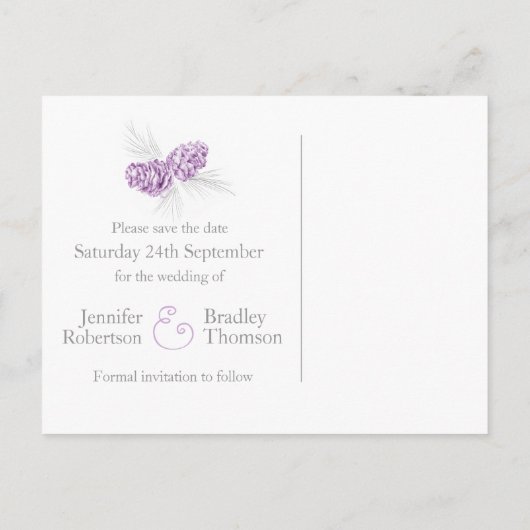 冬の松のコーン紫の日付を保結婚存 案内ポストカード (裏面)