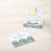 冬の松の木と雪の花のウェディングシャワー スクエアペーパーコースター (インサイチュ)