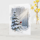 冬の松の木にクリスマス（鳥）ショウジョウコウカンチョウ カード (黄色い花)