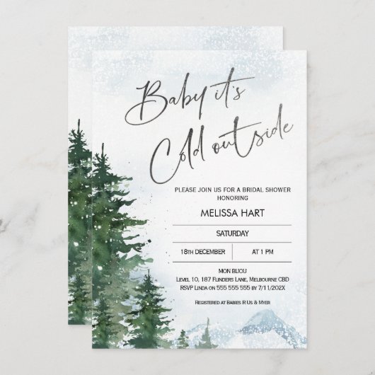 冬の松の木のベビーその冷たい赤ちゃんシャワー 招待状 (正面/裏面)