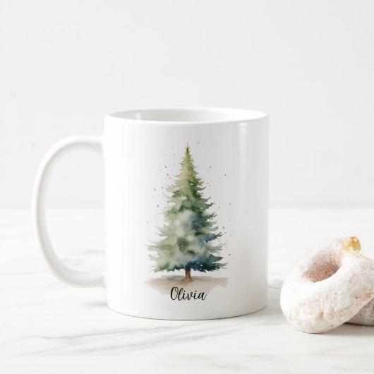 冬の松の木の名入れクリスマスマグカップ コーヒーマグカップ (ドーナツ)