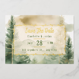 冬の松の木の森のモノグラム日付を保存 箔招待状