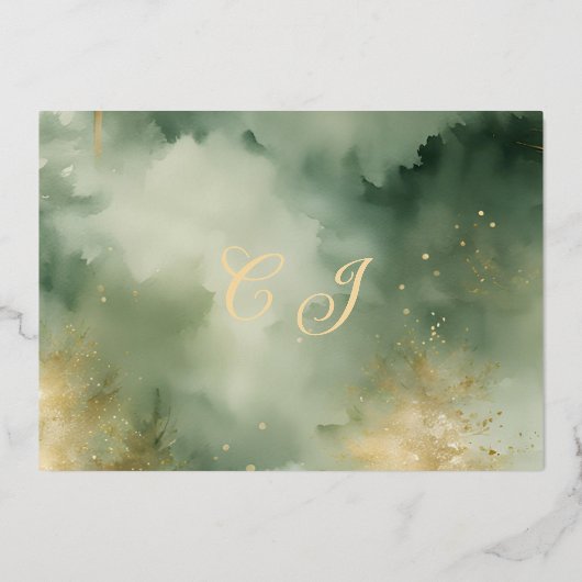冬の松の木の森のモノグラム日付を保存 箔招待状 (裏面)