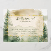 冬の松の木の森モノグラム結婚式RSVPカード 箔招待状ポストカード (正面)