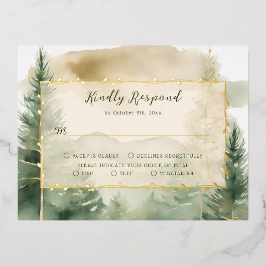 冬の松の木の森モノグラム結婚式RSVPカード 箔招待状ポストカード (正面)