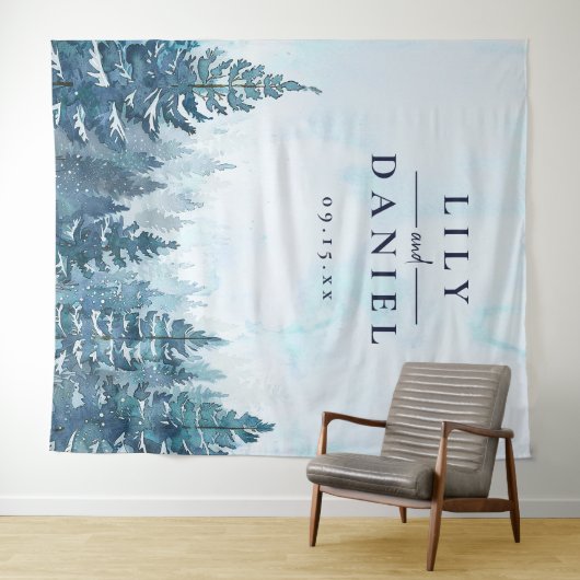 冬の松の木の森結婚の写真の背景 タペストリー (インサイチュ(横))