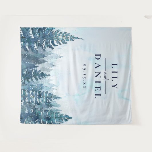 冬の松の木の森結婚の写真の背景 タペストリー (正面(横))