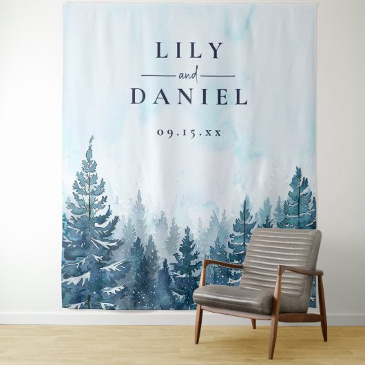 冬の松の木の森結婚の写真の背景 タペストリー (インサイチュ)