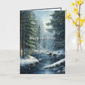冬の松の木の森 雪の川 カード (黄色い花)