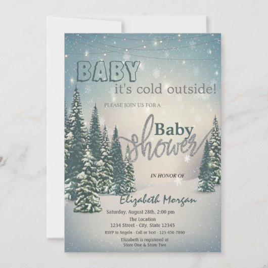 冬の松の木の赤ちゃんシャワー外は寒い 招待状 (正面)
