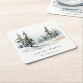 冬の松の木の雪の風景の水結婚色の スクエアペーパーコースター (アングル)