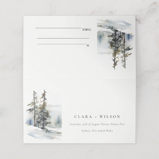 冬の松の木の雪の風景の水結婚色の プレイスカード (外部開封)