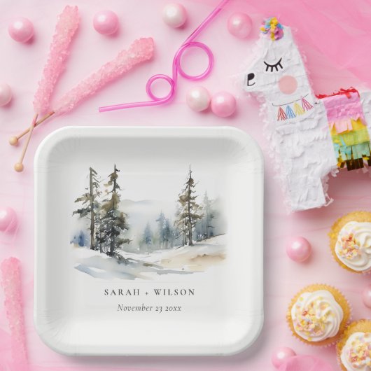 冬の松の木の雪の風景の水結婚色の ペーパープレート (パーティー)