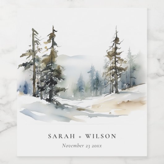 冬の松の木の雪の風景の水結婚色の ワインラベル (シングルラベル)