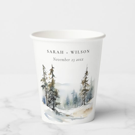 冬の松の木の雪の風景の水結婚色の 紙コップ (裏面)