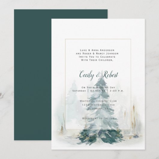 冬の松の木の雪景色の素朴なウェディング 招待状 (正面/裏面)