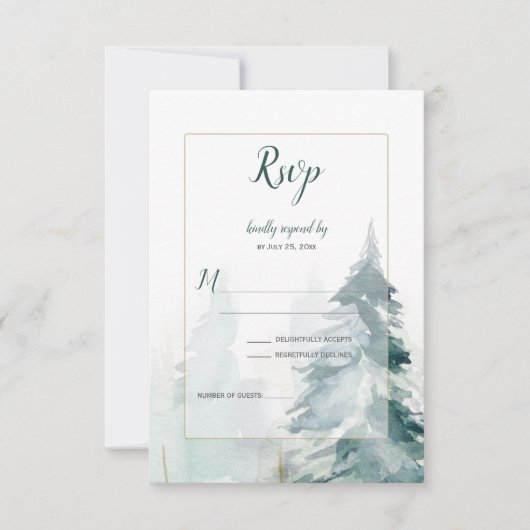 冬の松の木の雪景色の結婚式RSVP 出欠カード (正面)