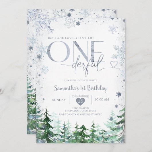 冬の松の木は彼女はonederful 1歳の誕生日ではない 招待状 (正面/裏面)